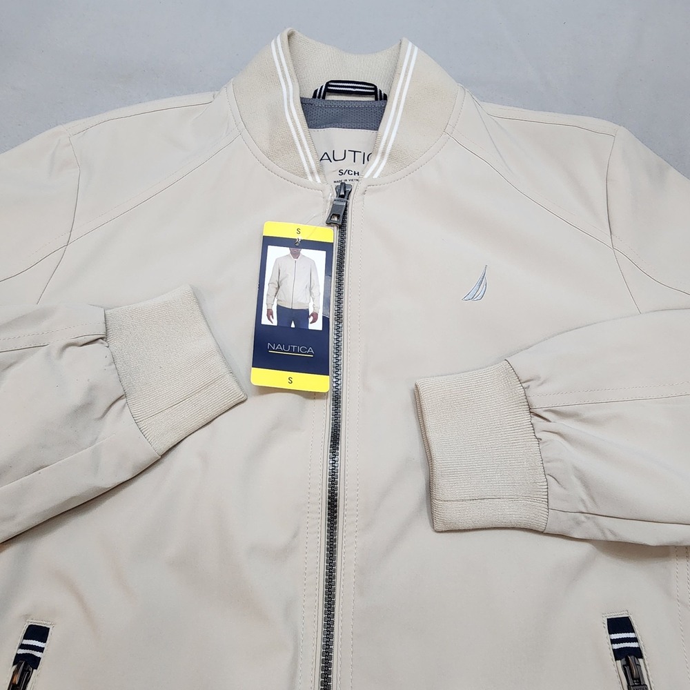 Nautica Bomber Jacket Beige Water Resistant Active Stretch Mens Small NWT